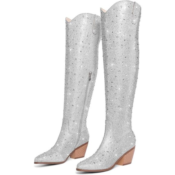 Women Silver Faux Leather Sparkly Bling Rhinestone Over the Knee Cowboy Boot - Picture 2 of 9